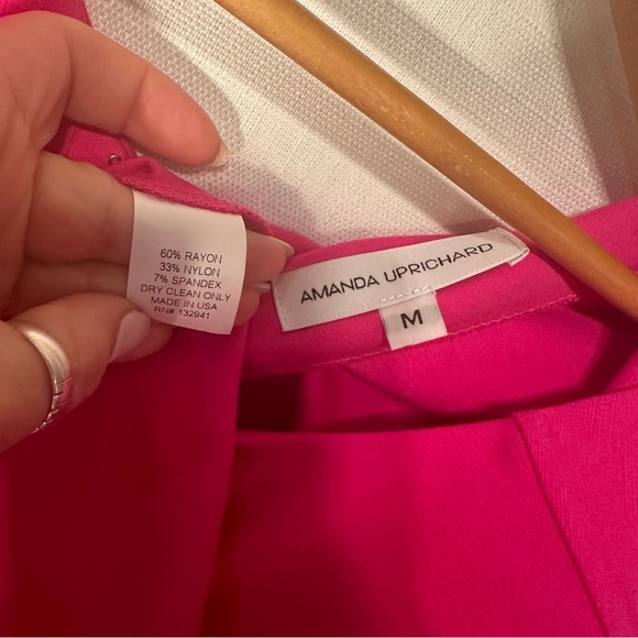 Amanda Uprichard Fuchsia Pink 3/4 Sleeve V-Back Stretch Fitted Dress Size Medium - Picture 9 of 12